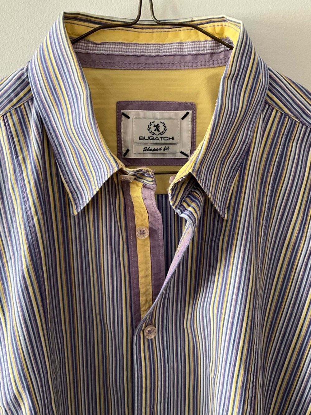 Bugatchi Striped Button-Down Shirt in Yellow & Purple Trim